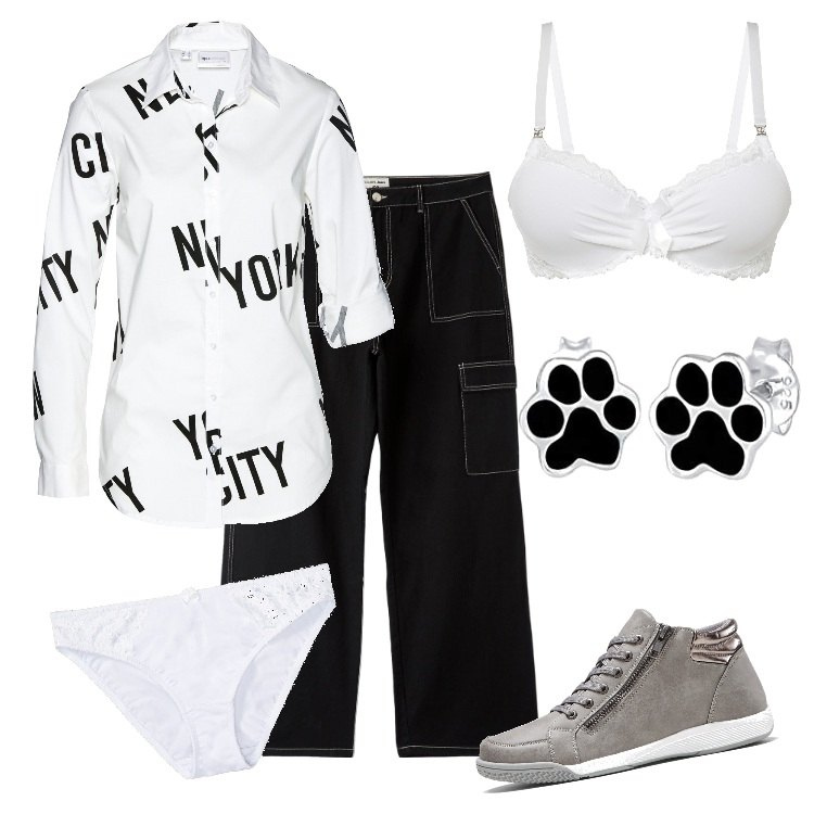 Outfit donna - Speciale Curvy. Stile Urban per Tutti i giorni. Abbinamento con sneakers alte, camicie, reggiseni, slip, pantaloni cargo, orecchini.