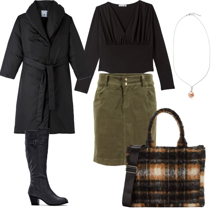 Outfit donna - Autunno curvy. Stile Casual chic per Tutti i giorni. Abbinamento con stivali, gonne lunghe, piumini, shopping bag, body, collane.