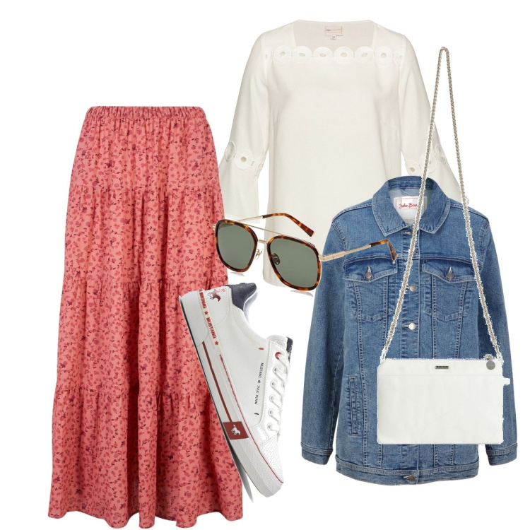Outfit donna - Un autunno ancora estivo. Stile Vintage retrò per Tutti i giorni. Abbinamento con blazer, bluse, sneakers, gonne lunghe, clutch, occhiali da sole.
