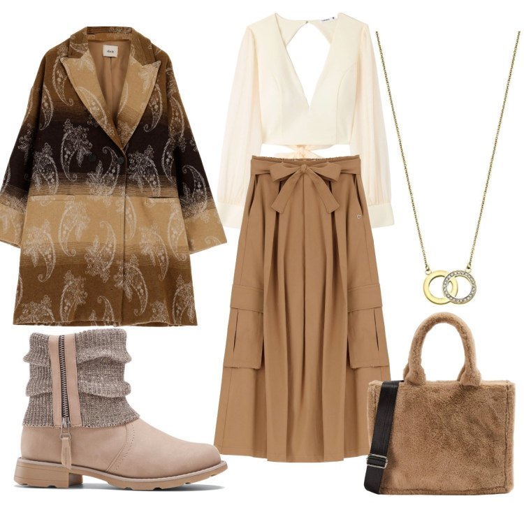 Outfit donna - Funny chic. Stile Trendy per Scuola/Università. Abbinamento con stivaletti, gonne longuette, shopping bag, bluse, cappotti, collane.