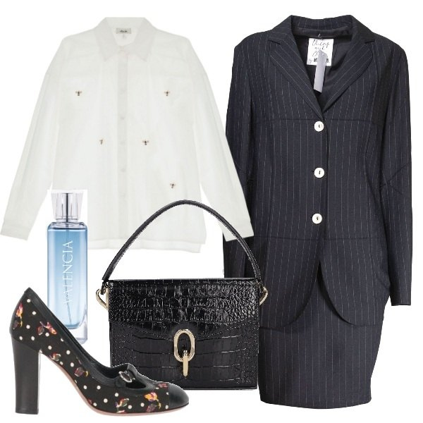 Outfit donna - Pranzo di lavoro. Stile Bon Ton per Ufficio. Abbinamento con décolleté, vestiti, profumi, camicie, borse a mano.