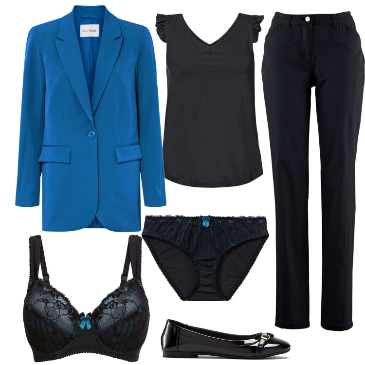Outfit donna - La giacca blu. Stile Casual chic per Ufficio. Abbinamento con top, reggiseni, slip, blazer, pantaloni sportivi, ballerine.