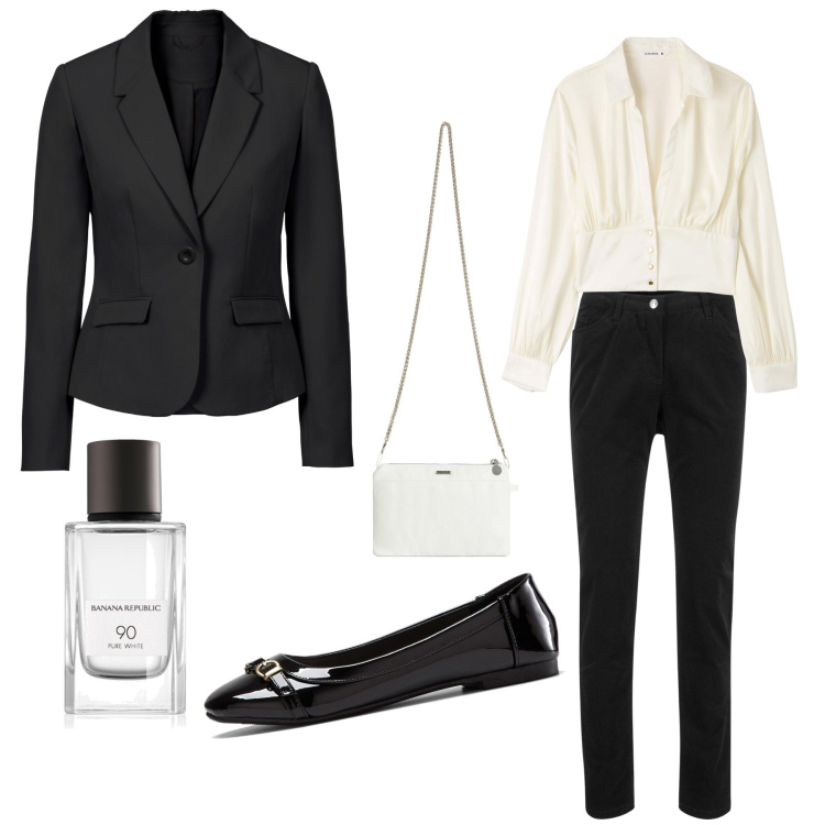 Outfit donna - Minimal black & white. Stile Minimal per Ufficio. Abbinamento con pantaloni, ballerine, blazer, profumi, camicie, clutch.