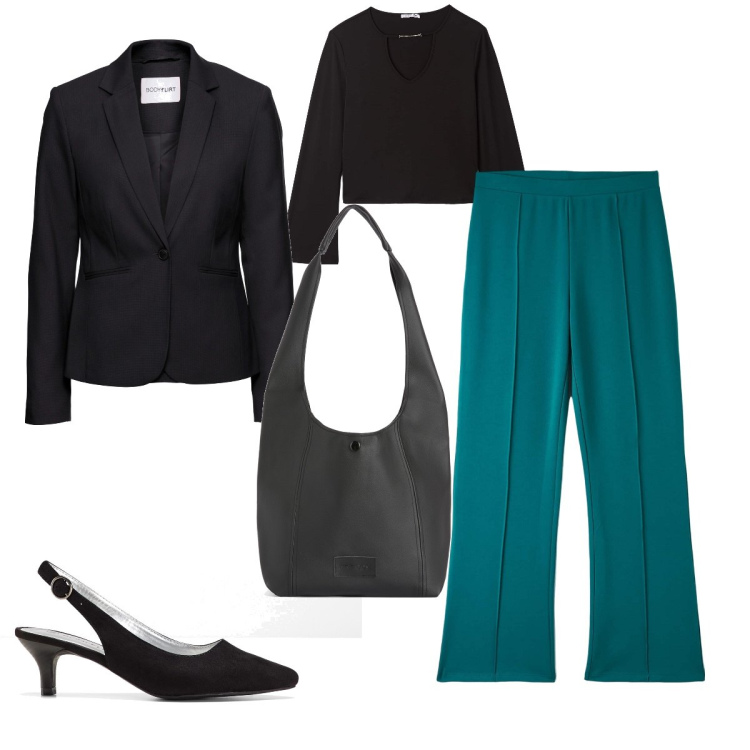 Outfit donna - Petrolio autunnale. Abbinamento con blazer, décolleté, pantaloni, t-shirt, borse a spalla.