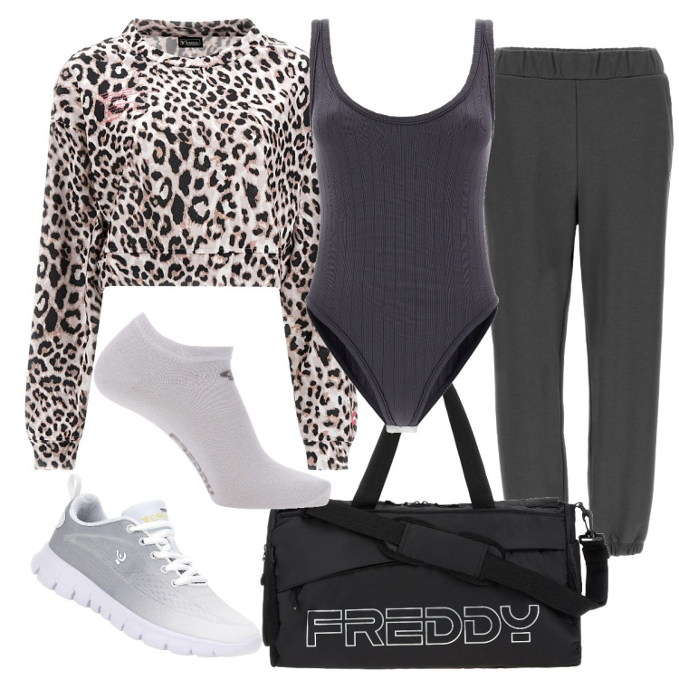Outfit donna - Bella. Stile Sporty chic per Tutti i giorni. Abbinamento con borse sportive, pantaloni sportivi, felpe sportive, calzini, sneakers, body.
