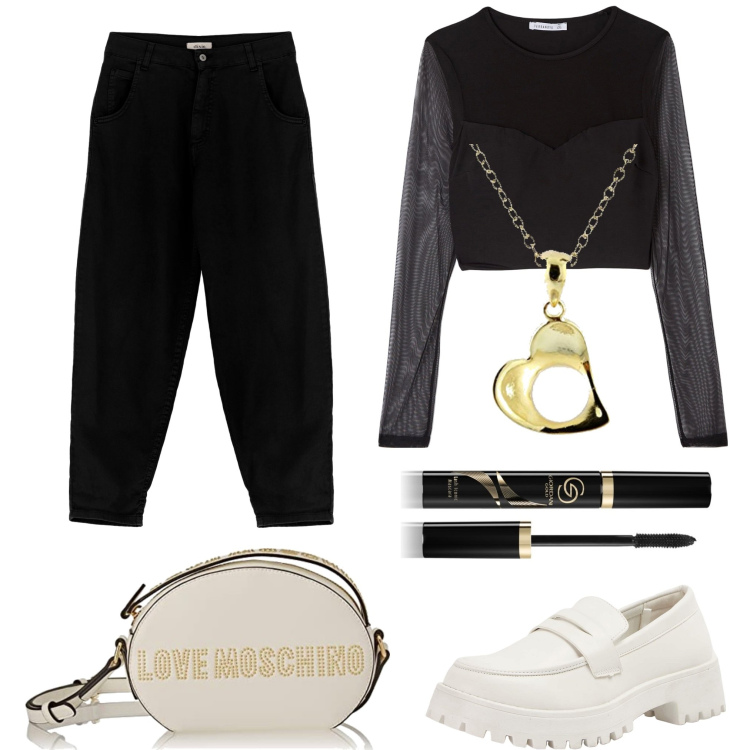 Outfit donna - Total look #1729218. Stile Casual chic per Tutti i giorni. Abbinamento con mascara, mocassini, t-shirt, pantaloni, ciondoli, borse a spalla.