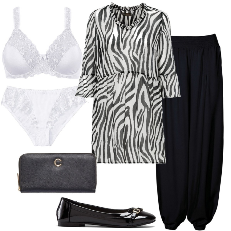 Outfit donna - Il pizzo bianco. Stile Trendy per Serata fuori. Abbinamento con pantaloni a palazzo, reggiseni, bluse, ballerine, slip, portafogli.
