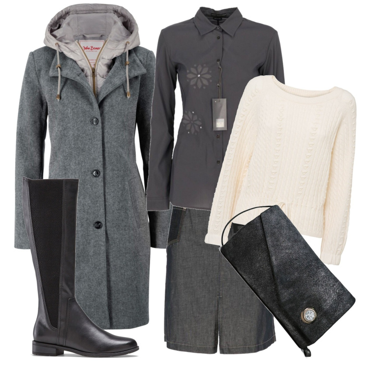 Outfit donna - Grigio e panna. Stile Casual per Scuola/Università. Abbinamento con cappotti, stivali sopra il ginocchio, maglieria, gonne longuette, camicie, borse a spalla.