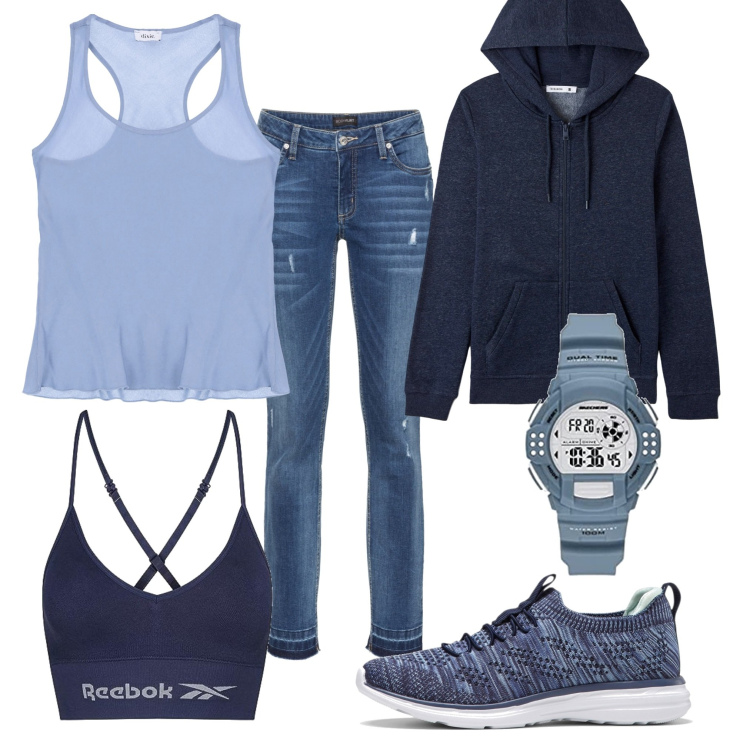 Outfit donna - Total look #1729244. Stile Casual per Tutti i giorni. Abbinamento con sneakers, jeans skinny, felpe con cappuccio, canottiere, reggiseni, orologi analogici.