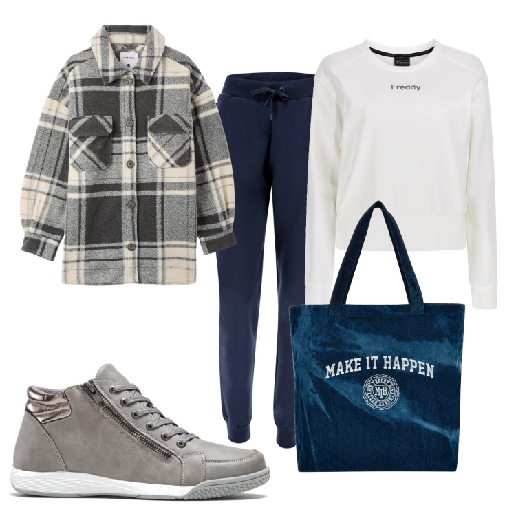 Outfit donna - Sportiva. Stile Urban per Tutti i giorni. Abbinamento con sneakers alte, cappotti, pantaloni, felpe, shopping bag.