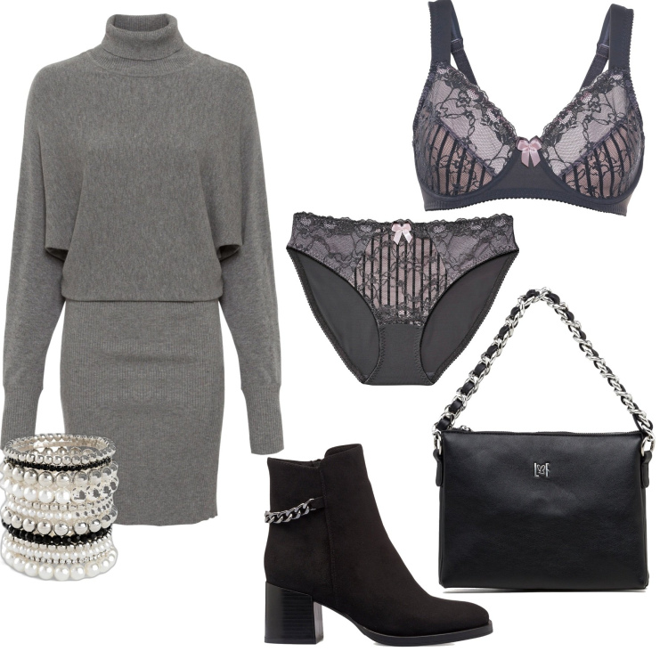 Outfit donna - Lingerie curvy. Stile Casual chic per Tutti i giorni. Abbinamento con vestiti, reggiseni, culotte, braccialetti, borse a tracolla, stivaletti.
