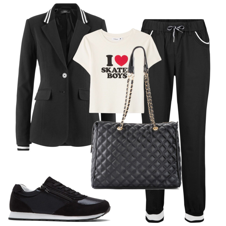Outfit donna - Less away. Stile Casual chic per Ufficio. Abbinamento con blazer, shopping bag, sneakers, pantaloni, t-shirt.