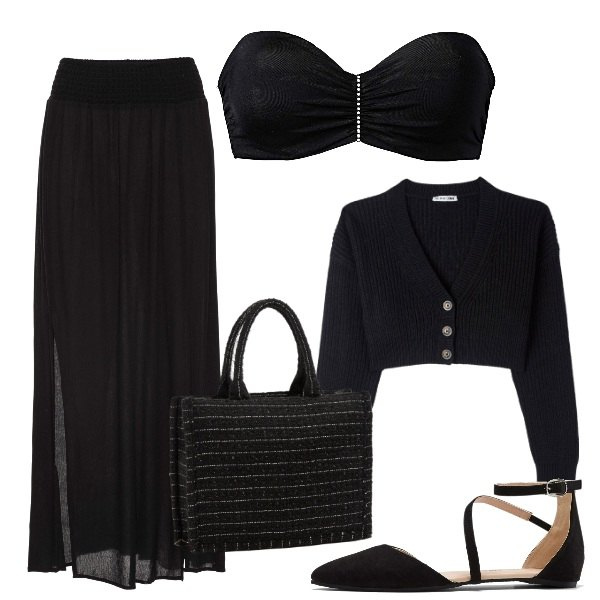 Outfit donna - Reggiseno a vista. Stile Trendy per Serata fuori. Abbinamento con gonne lunghe, reggiseni a balconcino, ballerine, cardigans, shopping bag.