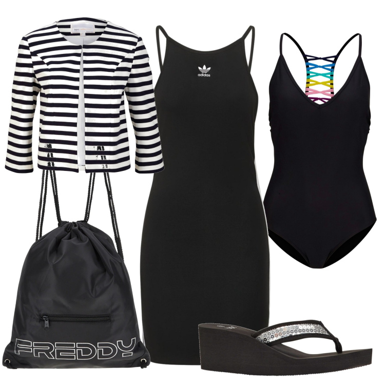 Outfit donna - Alla spa nel wend. Stile Basic per Sport. Abbinamento con costumi interi, infradito, blazer, zaini, vestiti.