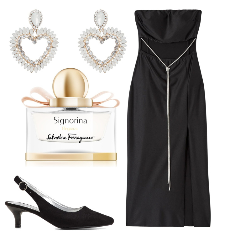 Outfit donna - 28 settembre. Stile Chic per Serata fuori. Abbinamento con décolleté, vestiti lunghi, profumi, orecchini.