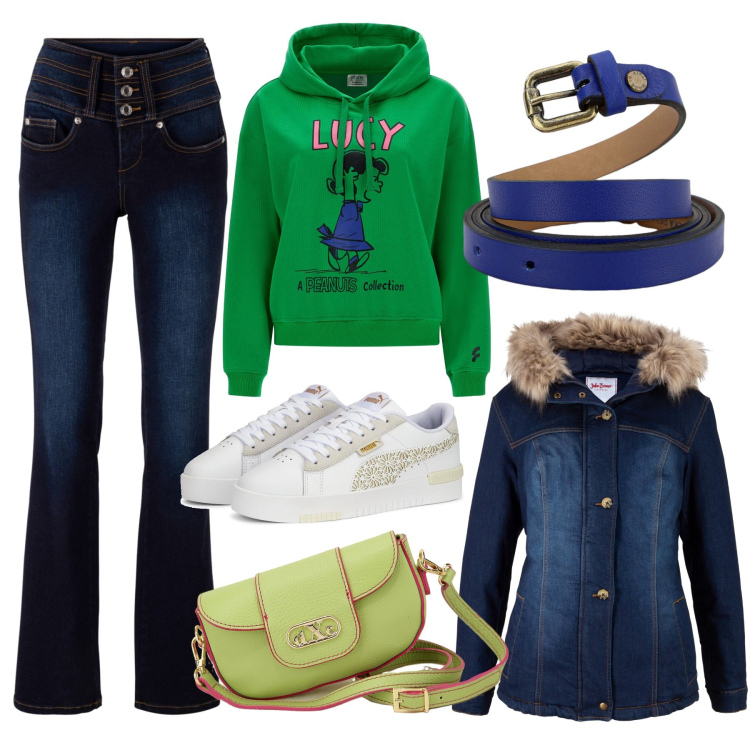 Outfit donna - Total look #1729311. Stile Trendy per Tutti i giorni. Abbinamento con jeans bootcut, cappotti, felpe con cappuccio, pochette, cinture, sneakers.