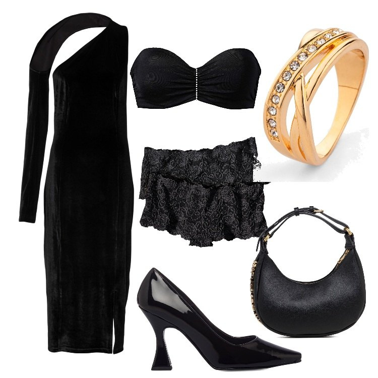 Outfit donna - Black&Gold. Stile Sexy per Serata fuori. Abbinamento con reggiseni, culotte, vestiti, anelli, décolleté, borse a mano.