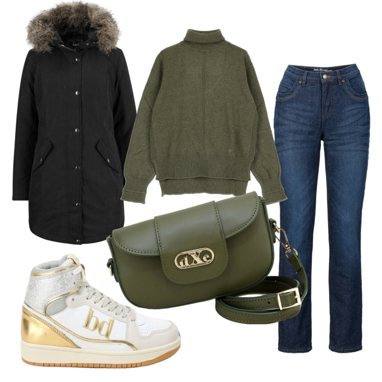 Outfit donna - Comoda in inverno. Stile Casual per Tutti i giorni. Abbinamento con parka, jeans dritti, maglieria, sneakers alte, pochette.