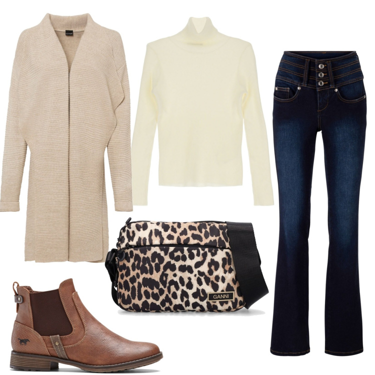 Outfit donna - Total look #1729360. Stile Casual per Tutti i giorni. Abbinamento con jeans bootcut, stivaletti chelsea, cardigans, maglieria, borse a spalla.