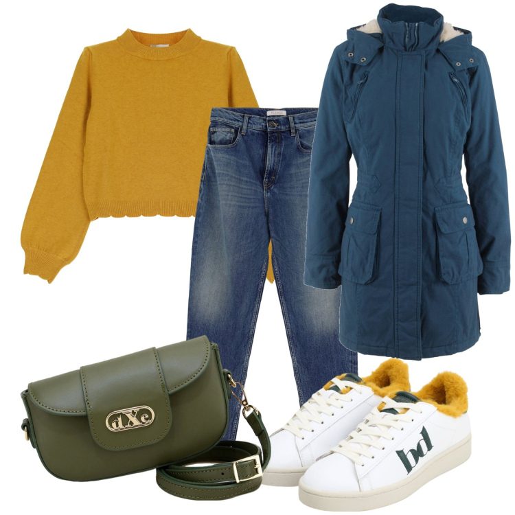 Outfit donna - Abbigliamento casual e carino. Stile Casual per Tutti i giorni. Abbinamento con parka, jeans, sneakers, pullovers, pochette.