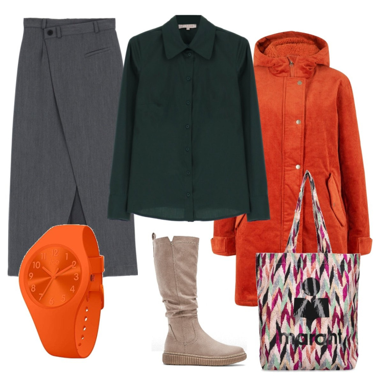 Outfit donna - Fluo autumn. Stile Sporty chic per Tutti i giorni. Abbinamento con parka, stivali, camicie, gonne lunghe, orologi, shopping bag.