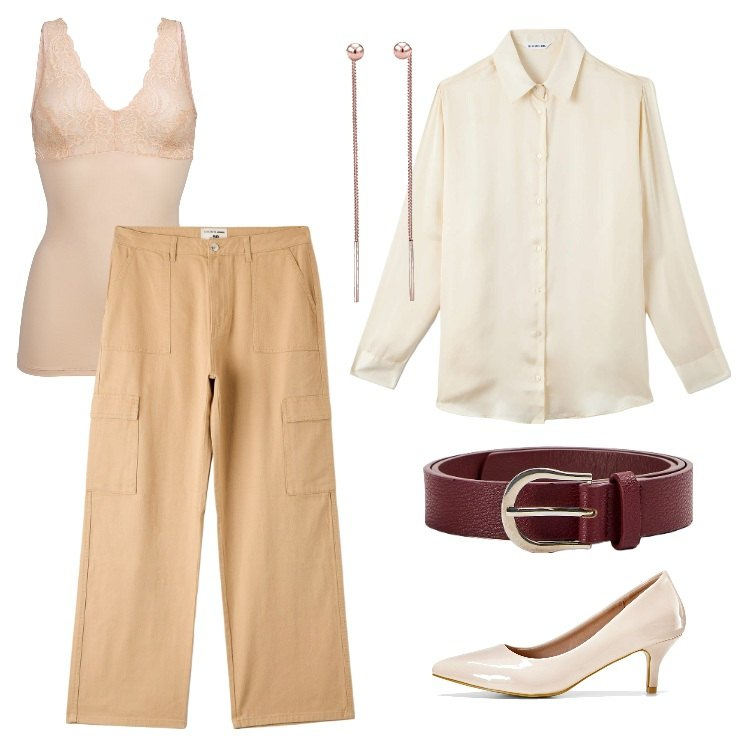 Outfit donna - Speciale Curvy. Stile Trendy per Ufficio. Abbinamento con top, décolleté, pantaloni cargo, cinture, camicie, orecchini.