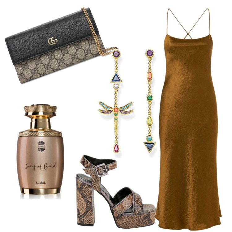 Outfit donna - Total look #1729417. Stile Chic per Serata fuori. Abbinamento con profumi, décolleté, orecchini, borse a spalla, vestiti midi/longuette.