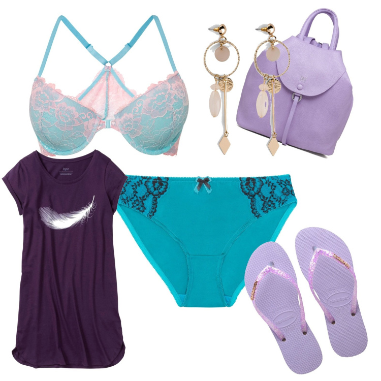 Outfit donna - Total look #1729436. Stile Romantica per Serata fuori. Abbinamento con camicie da notte, orecchini, culotte, reggiseni, zaini, infradito.