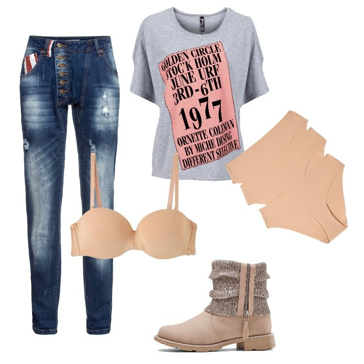 Outfit donna - Autunno Caldo - speciale curvy. Stile Trendy per Tutti i giorni. Abbinamento con maglieria, jeans boyfriend, stivaletti, slip, reggiseni.