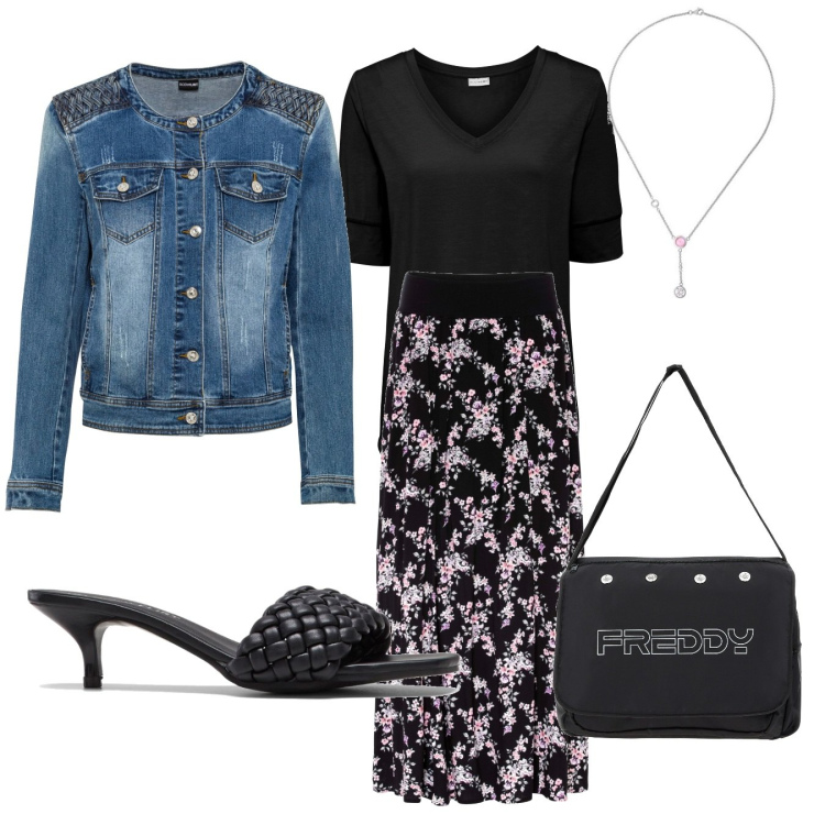 Outfit donna - Romanticamente curvy. Stile Casual chic per Tutti i giorni. Abbinamento con gonne lunghe, blazer, t-shirt, ciabatte, borse messenger, collane.