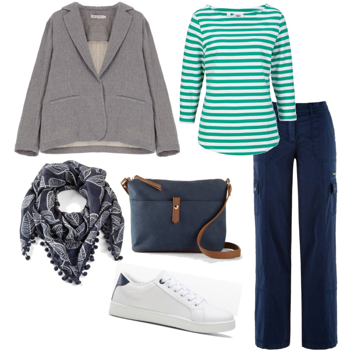 Outfit donna - Cargo_blu. Stile Casual per Ufficio. Abbinamento con pantaloni cargo, maglieria, sneakers, borse a tracolla, foulard, giacche.