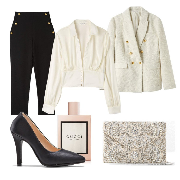 Outfit donna - Total look #1729482. Stile Casual chic per Cerimonia. Abbinamento con pochette, décolleté, profumi, pantaloni chino, camicie, blazer.