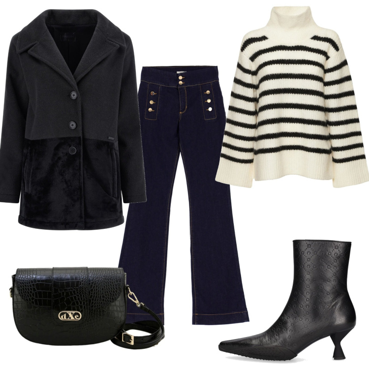 Outfit donna - Righe casual chic. Stile Casual chic per Tutti i giorni. Abbinamento con cappotti, jeans, pochette, stivaletti, maglieria.