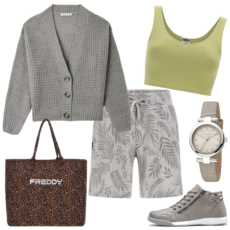 Outfit donna - A spasso con Rex. Stile Minimal per Tutti i giorni. Abbinamento con sneakers alte, cardigans, borse tote, bermuda, top, orologi.