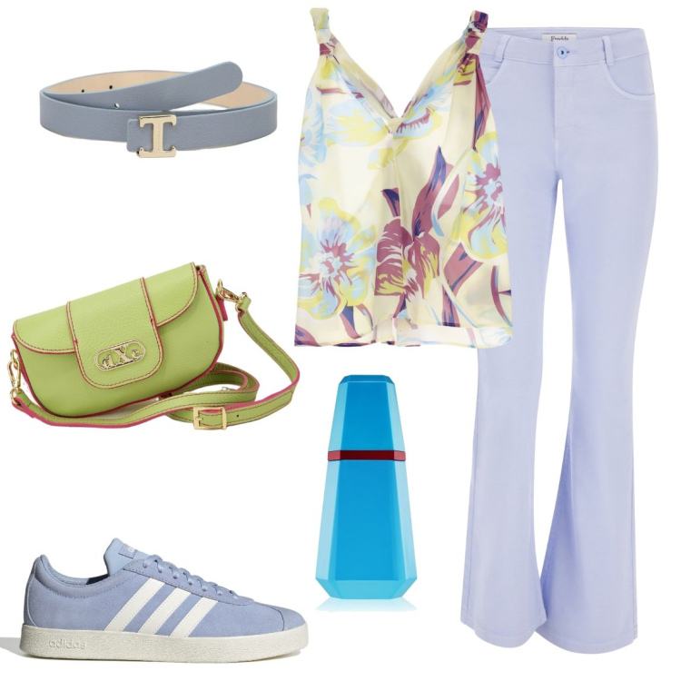 Outfit donna - Denim. Stile Casual per Tutti i giorni. Abbinamento con profumi, canottiere, cinture, jeans a zampa, pochette, sneakers.