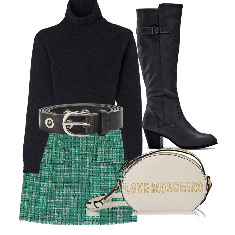 Outfit donna - Brigitte. Stile 70s per Tutti i giorni. Abbinamento con stivali, cinture, maglieria, minigonne, borse a spalla.
