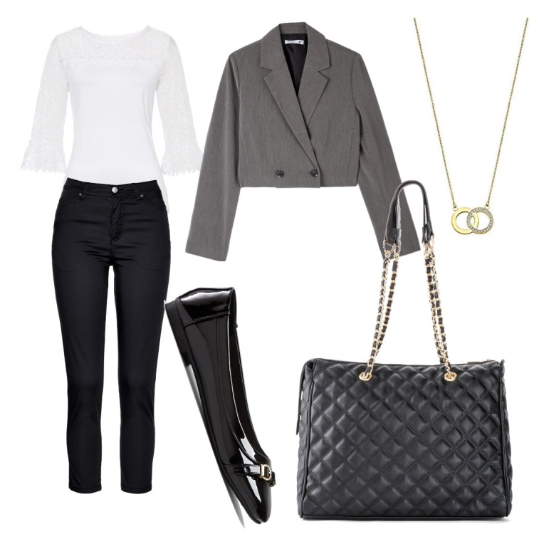 Outfit donna - Total look ufficio e svago. Stile Bon Ton per Tutti i giorni. Abbinamento con pantaloni, shopping bag, ballerine, maglieria, blazer, collane.