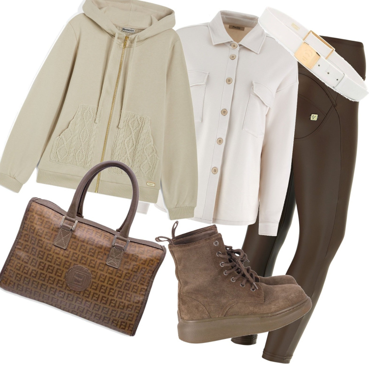 Outfit donna - Al lavoro. Stile Casual per Ufficio. Abbinamento con borse a mano, anfibi, cinture, pantaloni skinny, camicie, felpe con cappuccio.