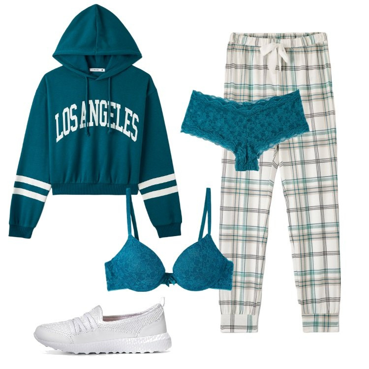 Outfit donna - Total look #1729539. Stile Trendy per Tutti i giorni. Abbinamento con sneakers, pigiama, culotte, felpe con cappuccio, reggiseni.