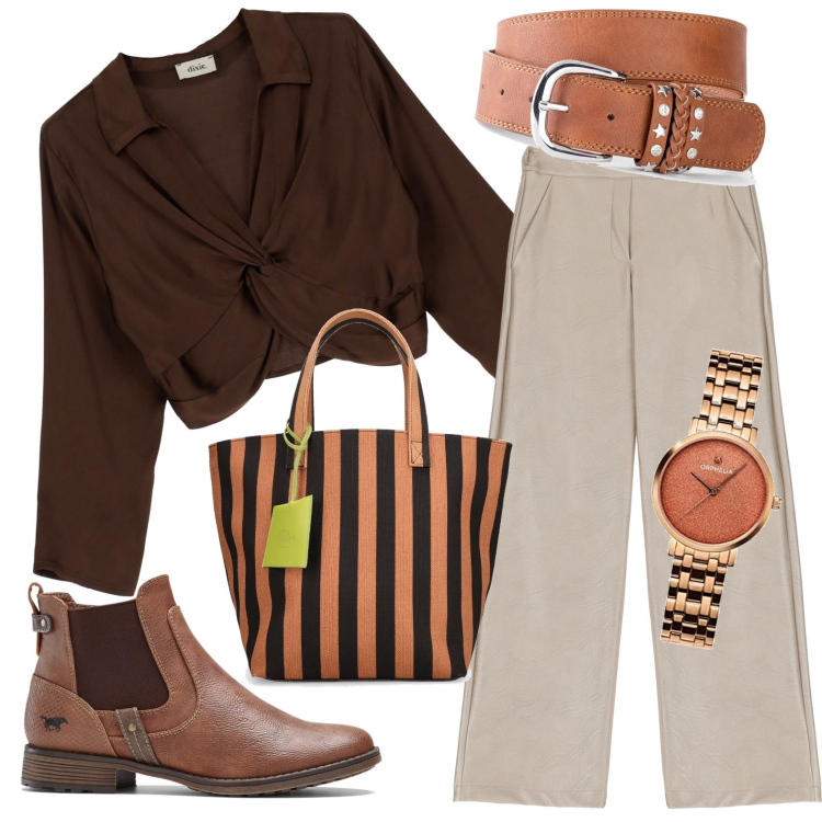 Outfit donna - Total look #1729557. Stile Casual per Ufficio. Abbinamento con cinture, stivaletti chelsea, camicie, pantaloni a palazzo, shopping bag, orologi analogici.