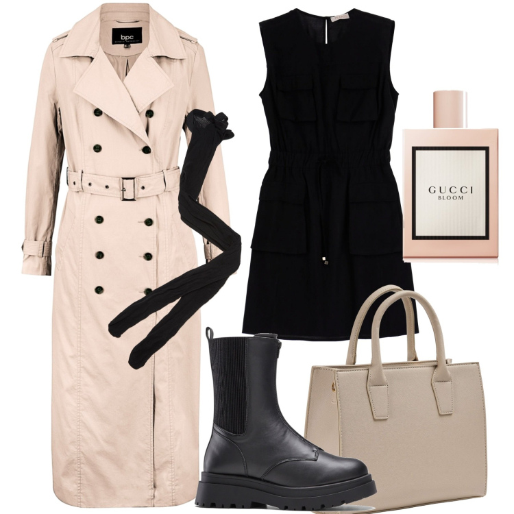 Outfit donna - Tornati i collants. Stile Urban per Tutti i giorni. Abbinamento con stivaletti chelsea, trench, profumi, shopping bag, collant, vestiti corti.