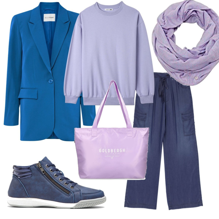 Outfit donna - Lilla e blue. Stile Casual per Tutti i giorni. Abbinamento con sneakers alte, blazer, felpe, pantaloni a palazzo, sciarpe, shopping bag.
