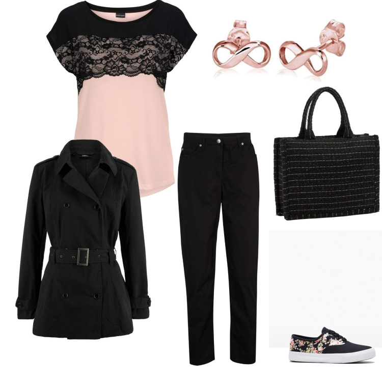 Outfit donna - La curvy romantica. Stile Romantica per Tutti i giorni. Abbinamento con trench, maglieria, pantaloni, sneakers, shopping bag, orecchini.