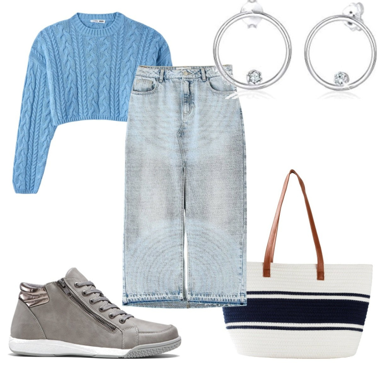 Outfit donna - Total look #1729604. Stile Basic per Tutti i giorni. Abbinamento con sneakers alte, shopping bag, gonne lunghe, maglieria, orecchini.
