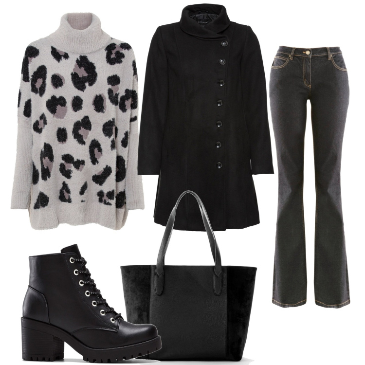 Outfit donna - Maglia animalier. Stile Casual per Tutti i giorni. Abbinamento con stivaletti, shopping bag, maglieria, jeans bootcut, cappotti.