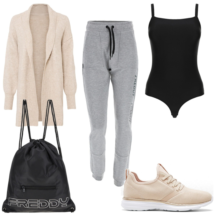 Outfit donna - Passeggiata al parco. Stile Sporty chic per Tutti i giorni. Abbinamento con sneakers, cardigans, zaini, body, pantaloni cargo.