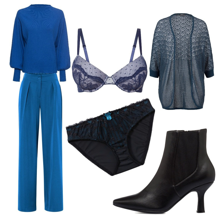 Outfit donna - La lingerie che mette il sorriso. Stile Casual chic per Ufficio. Abbinamento con maglieria, cardigans, slip, pantaloni, reggiseni, stivaletti.