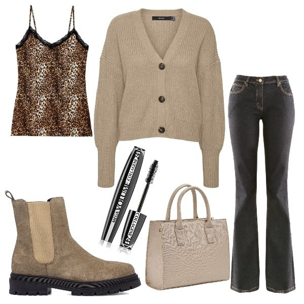 Outfit donna - Jeans nero. Stile Casual chic per Tutti i giorni. Abbinamento con jeans bootcut, mascara, magliette intime, shopping bag, cardigans, stivaletti.
