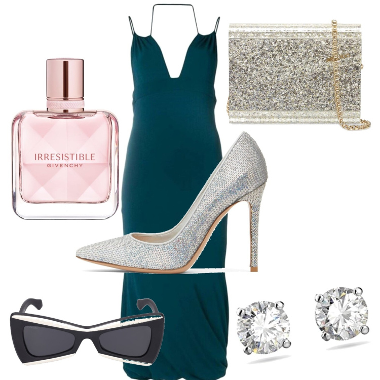 Outfit donna - Serata tra dive. Stile Glamour per Serata fuori. Abbinamento con vestiti lunghi, profumi, pochette, occhiali da sole, orecchini, décolleté.
