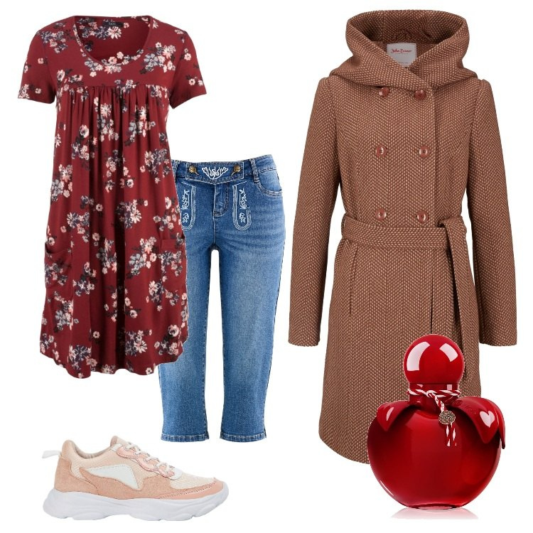 Outfit donna - Total look #1729745. Stile Trendy per Ufficio. Abbinamento con vestiti corti, cappotti, pantaloni capri, profumi, sneakers.